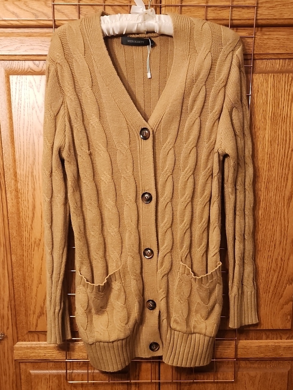 Merokeety Cable-Knit Long Cardigan in Camel, Size L
